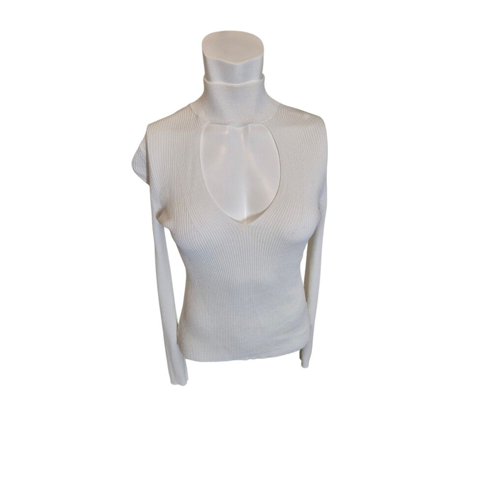 360 Sweater Evelina Sweater Mock Keyhole Ribbed Choker Cutout Top white Sz S